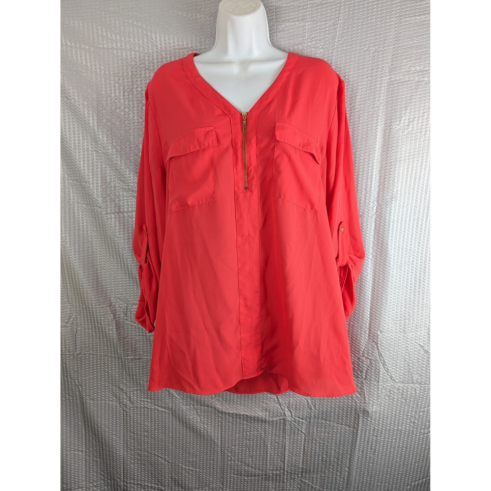 Est. 1946 Plus Size 18/20W Coral Zip Front Tunic Blouse Roll Tab Sleeves